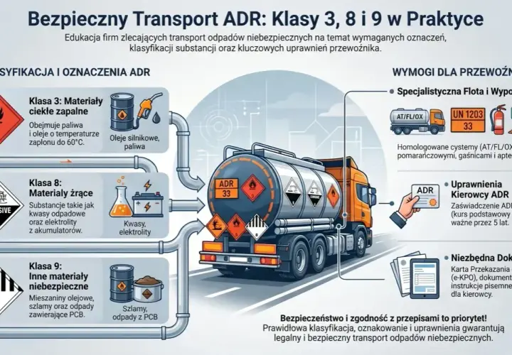 Ilustracja przedstawia ciężarówkę z oznaczeniami ADR, wyjaśniając klasy 3, 8 i 9 materiałów niebezpiecznych, wymagania dla przewoźnika i dokumentację.