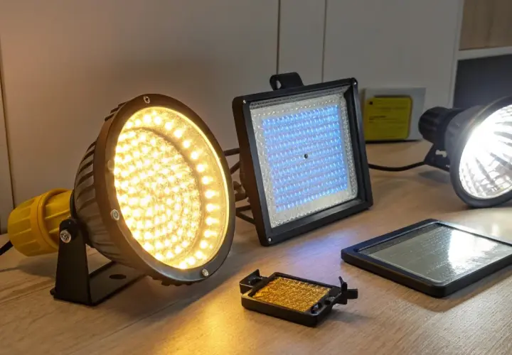 Różne lampy LED i halogenowe, w tym okrągła z żółtymi diodami, kwadratowa z niebieskimi diodami i reflektor. Każda ma inny parametr żarówki.