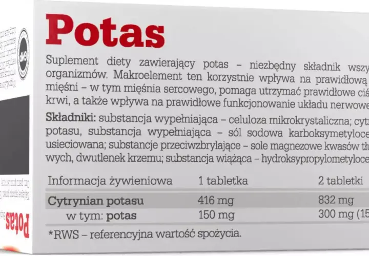 Potas wspiera pracę mięśni, w tym serca, reguluje ciśnienie krwi i układ nerwowy. Suplement diety z potasem.
