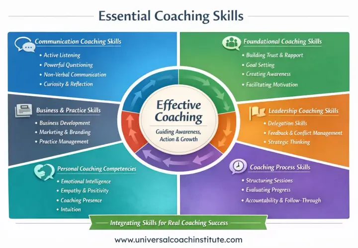A coaching competency framework outlines essential skills like communication, foundational, leadership, business, personal, and process skills for effective coaching.