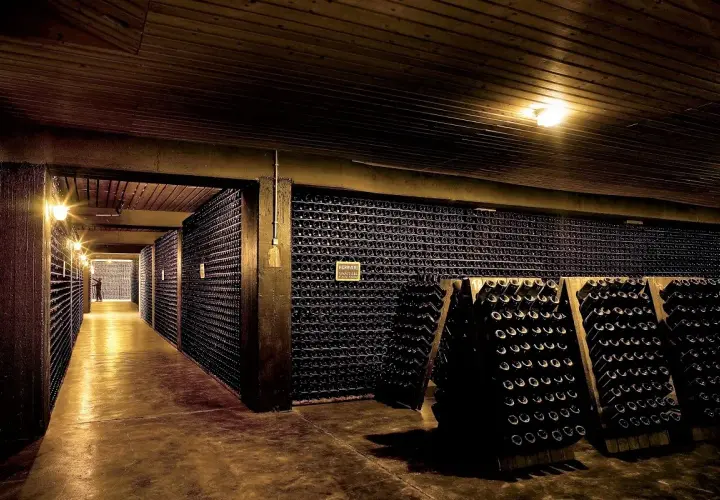 Corridoio di una cantina italiana, con scaffali pieni di bottiglie di vino che si estendono a perdita d'occhio.