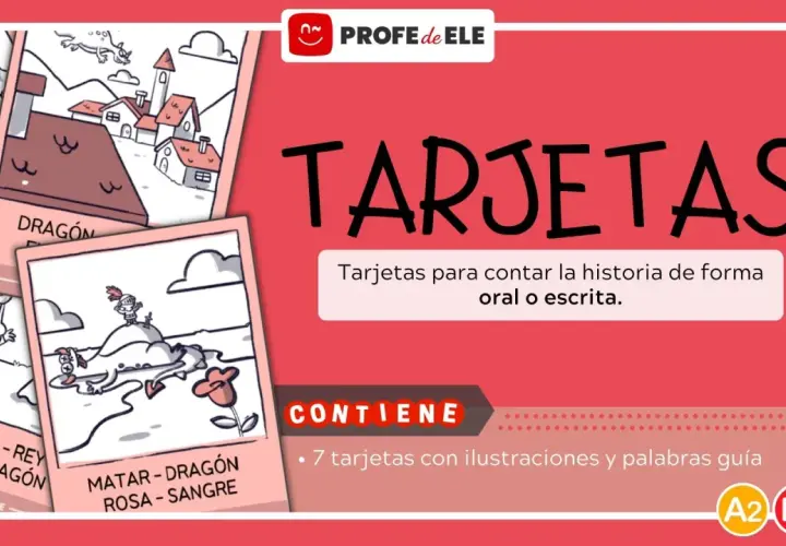 Tarjetas para la leyenda de San Jorge para niños. Ilustraciones de un caballero, dragón, princesa y pueblo.