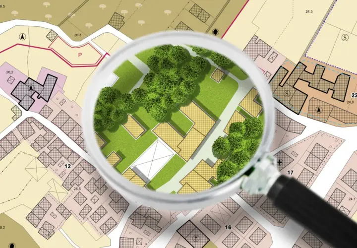 Plan d'urbanisme sous loupe, révélant des parcelles et des espaces verts. L'intérêt à agir en urbanisme est ici illustré par le détail des projets.