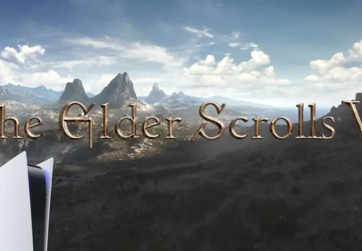 Góry i chmury w tle, z napisem "The Elder Scrolls VI" i konsolą PlayStation 5.