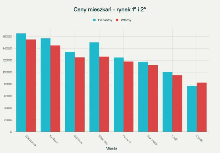 Wykres porównuje ceny mieszkań w różnych miastach Polski. Wrocław plasuje się w środku stawki, z cenami mieszkań na rynku pierwotnym i wtórnym poniżej 13 000 zł/m².