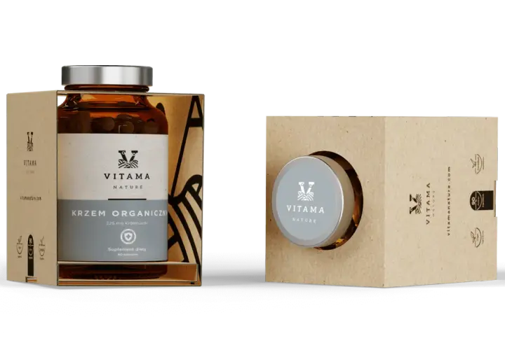 Krzem organiczny w kapsułkach od Vitama Nature. Opakowanie suplementu diety z brązowej butelki w kartonowym pudełku.