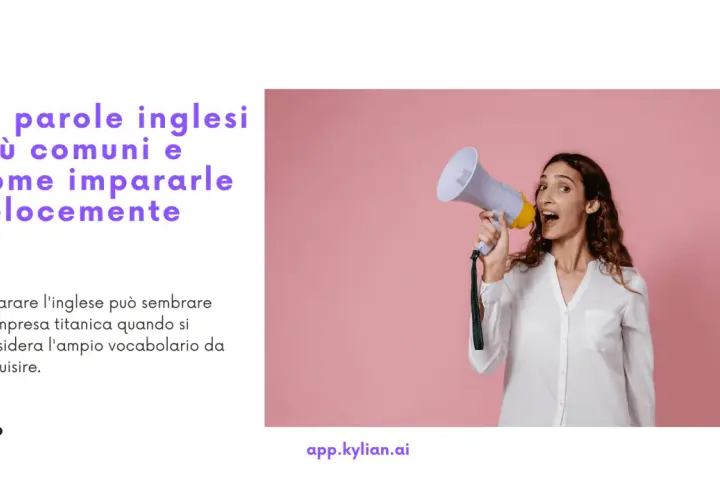 Donna con megafono annuncia le parole inglesi più comuni, per impararle velocemente. Il significato è chiaro: l'inglese è accessibile!