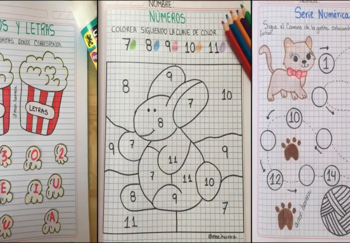 Tres hojas con dibujos bonitos para niños: una de palomitas para asociar números y letras, otra para colorear un conejo siguiendo números, y una serie numérica con un gatito.