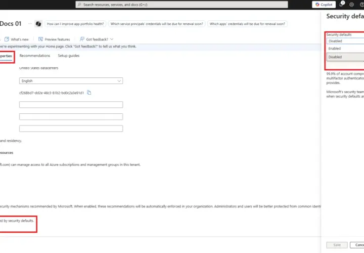 Paramètres de sécurité désactivés dans le centre d'administration Microsoft Entra. L'organisation n'est pas protégée par les paramètres de sécurité par défaut, qui incluent l'authentification multifacteur (MFA) pour Windows.