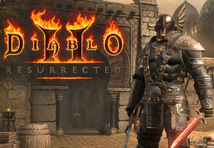 Rycerz w zbroi z mieczem w ręku, na tle płonącego logo Diablo II Resurrected i pustynnego miasta.