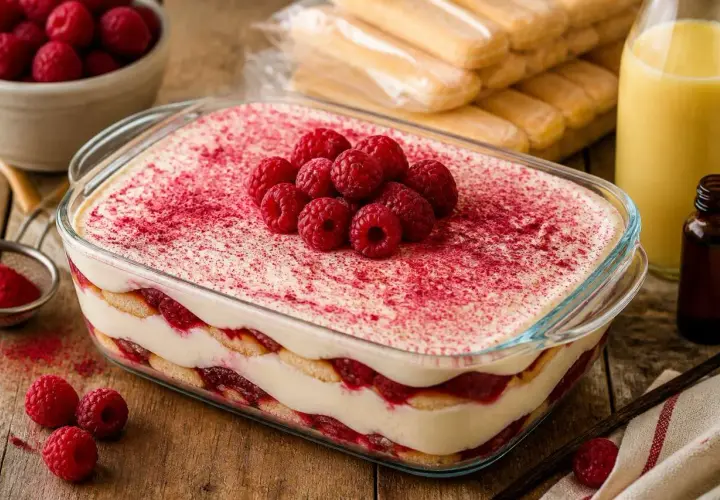 Un délicieux tiramisu framboise, superposé de crème et de fruits rouges, saupoudré de poudre de framboise et garni de framboises fraîches.