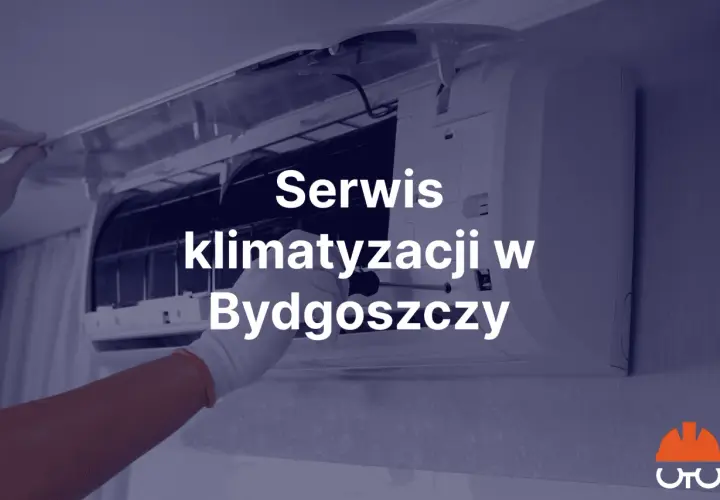 Ręka w białej rękawiczce naprawia klimatyzację. Napis: Serwis klimatyzacji w Bydgoszczy.
