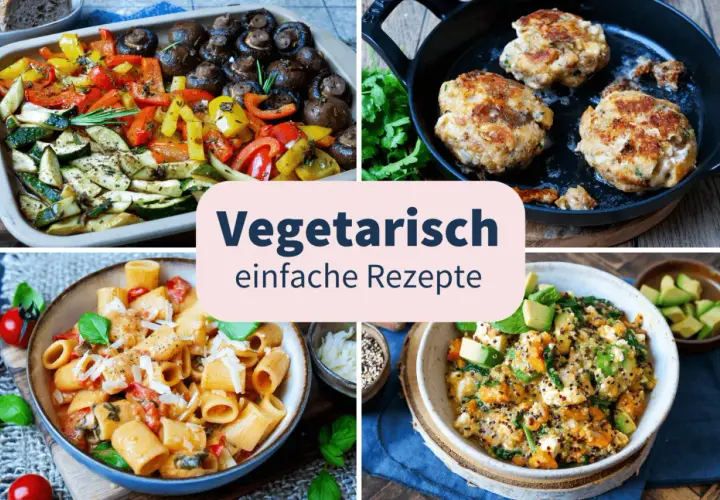Vier leckere vegetarische Rezepte: Ofengemüse, Bratlinge, Pasta und Quinoa-Bowl. Einfach und köstlich!