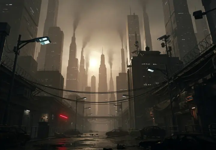 Mroczne, zanieczyszczone miasto przyszłości. Dymiące wieżowce, druty kolczaste i zniszczone samochody tworzą obraz dystopii.