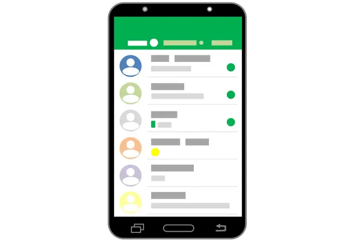 Ekran telefonu z listą kontaktów, przypominający interfejs aplikacji do komunikacji, np. Viber. Co to jest Viber? To aplikacja do darmowych rozmów i wiadomości.