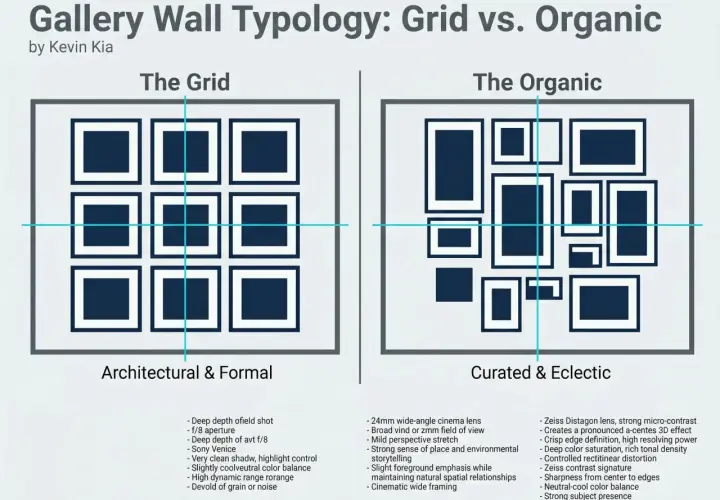 A graphic comparing "The Grid" gallery wall with uniformly spaced frames to "The Organic" gallery wall with varied frame sizes and placements.