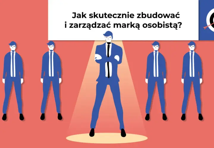 Ilustracja pokazuje, dlaczego wydawnictwa wymagają od autorów budowania marki osobistej w sieci. Pięciu mężczyzn w garniturach, jeden wyróżniony.