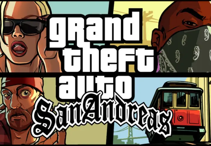 Okładka GTA San Andreas: kobieta w okularach, mężczyzna w bandanie, mężczyzna z brodą i tramwaj. Rozpocznij swoją gta sa journey!