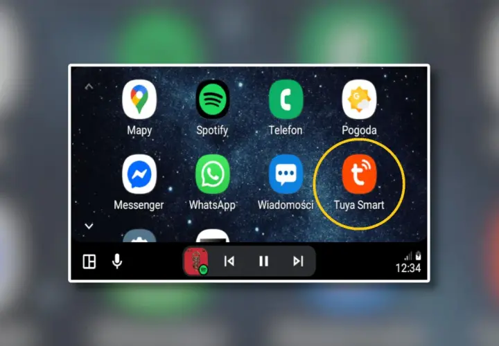 Ekran z aplikacjami, w tym Tuya Smart, Mapy, Spotify, Telefon, Pogoda, Messenger, WhatsApp i Wiadomości.