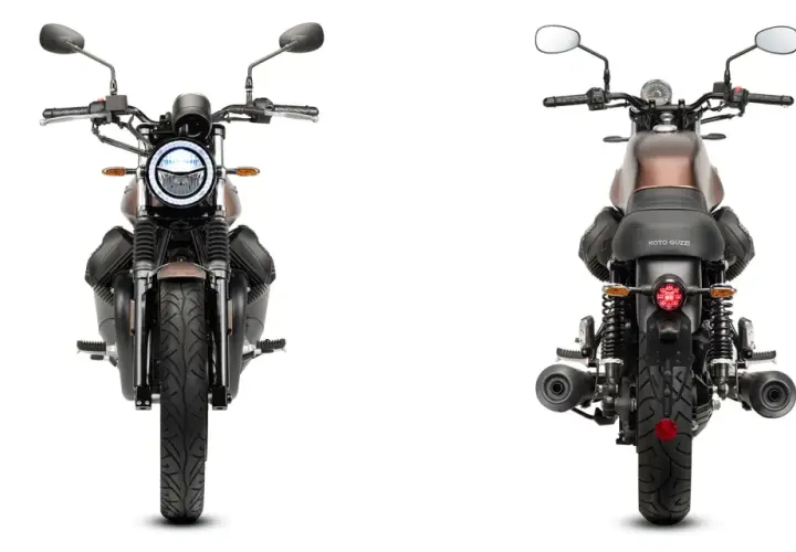 Dos vistas de modelos de moto Guzzi, una frontal y otra trasera, con detalles clásicos y modernos.