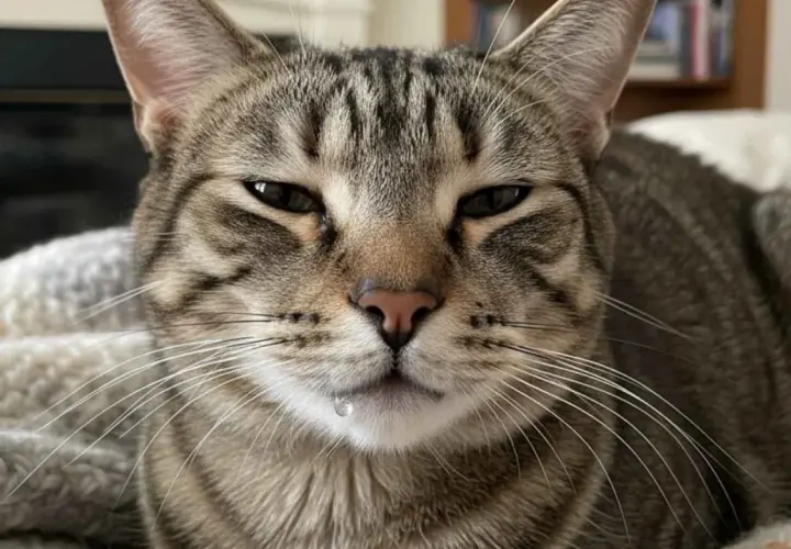 Gato atigrado con una gota de saliva colgando de su labio inferior. Parece que mi gato babea mucho.