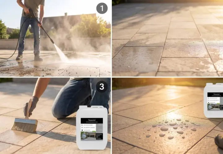 Schritt 1: Betonpflaster reinigen. Schritt 2: Nasse Fläche. Schritt 3: Mit Nanotol Steinversiegelung auftragen. Schritt 4: Wasser perlt ab.