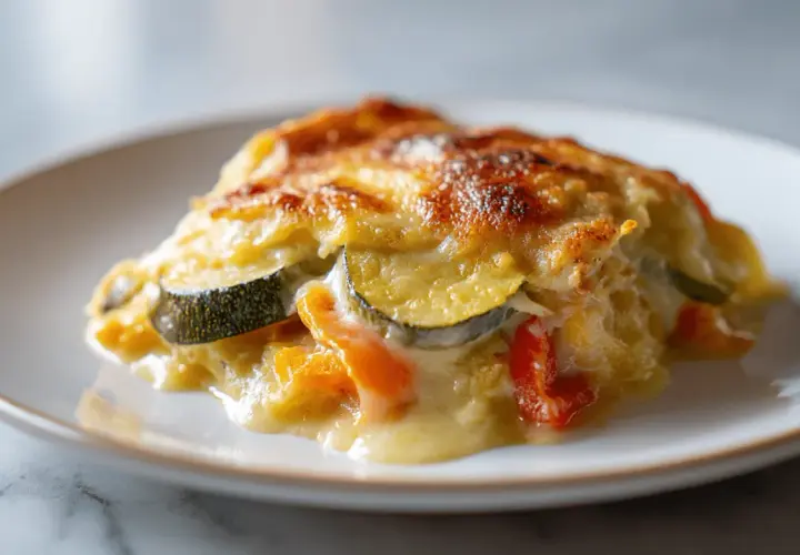 Un gratin de légumes doré et appétissant, avec des courgettes, poivrons et une sauce crémeuse, prêt à être dégusté.