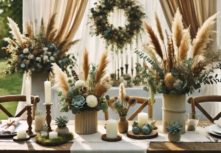 Une belle composition florale de communion, avec des herbes de la pampa, des fleurs séchées et des bougies, sur une table dressée en extérieur.