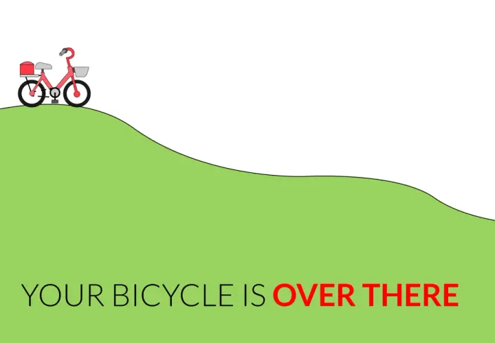 Bicicletta rossa in cima a una collina verde. Il testo dice "YOUR BICYCLE IS OVER THERE", un esempio di avverbi di luogo in inglese.