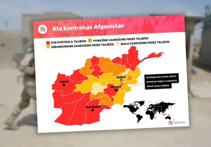Mapa pokazuje, gdzie leży Afganistan i jakie prowincje są pod kontrolą talibów. Kolory oznaczają stopień zagrożenia.