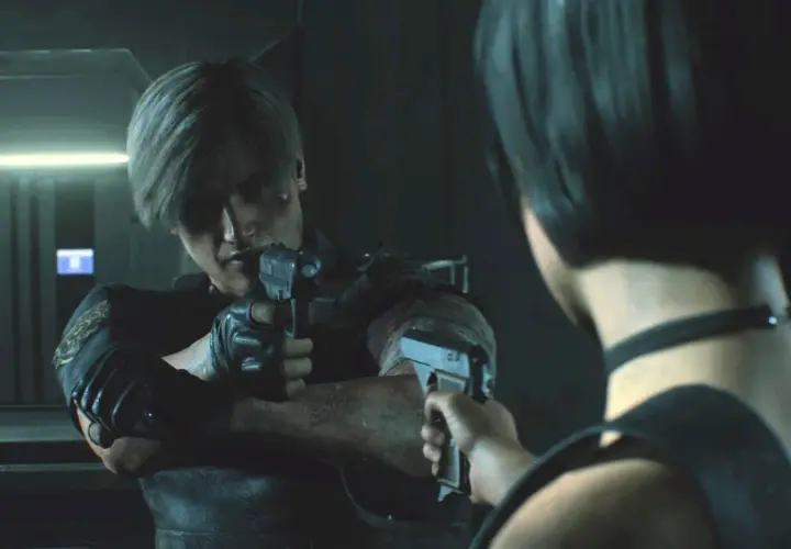 Leon i Ada celują do siebie z broni. Kluczowa scena z Resident Evil 2 poradnik.