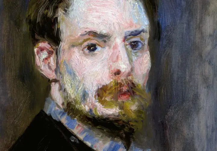 Portret mężczyzny z brodą, namalowany w charakterystycznym stylu Auguste'a Renoira. Dzieła tego artysty zachwycają żywymi barwami.