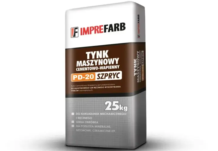 Worek z zaprawą tynkarską Imprefarb PD-20 Szpryc, cementowo-wapienny, 25kg, do nakładania mechanicznego i ręcznego.