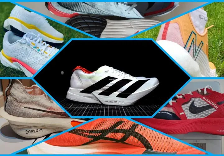 Kolaż prezentuje różne buty biegacza, od białych z żółtymi akcentami po czerwone Nike. Każda para to inna historia o szybkości i komforcie.