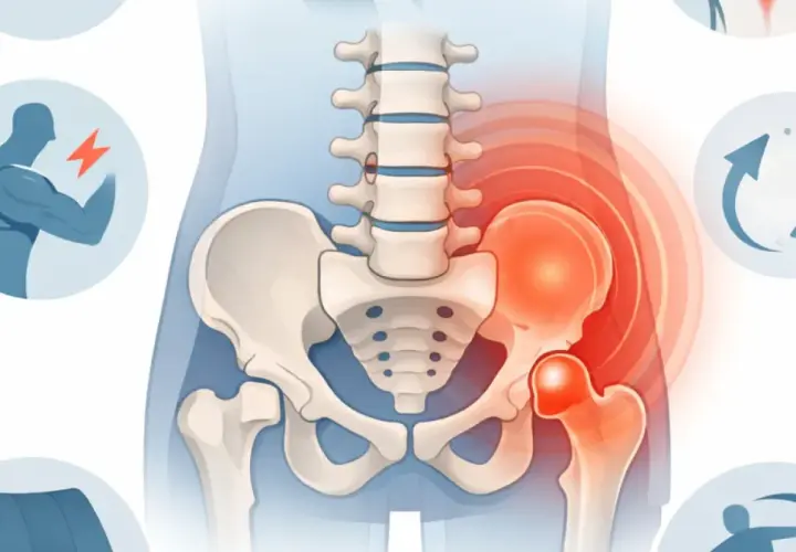 Douleur et inflammation dans la région des muscles paravertébraux lombaires et de la hanche, avec des icônes symbolisant la force, le mouvement et la rééducation.