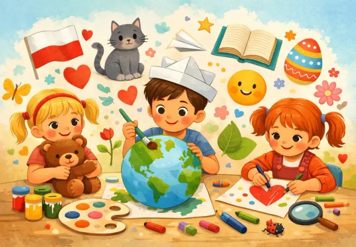 Dzieci malują globus i serca, tworząc nietypowe święta w przedszkolu. W tle polska flaga, kotek i wielkanocne jajo.