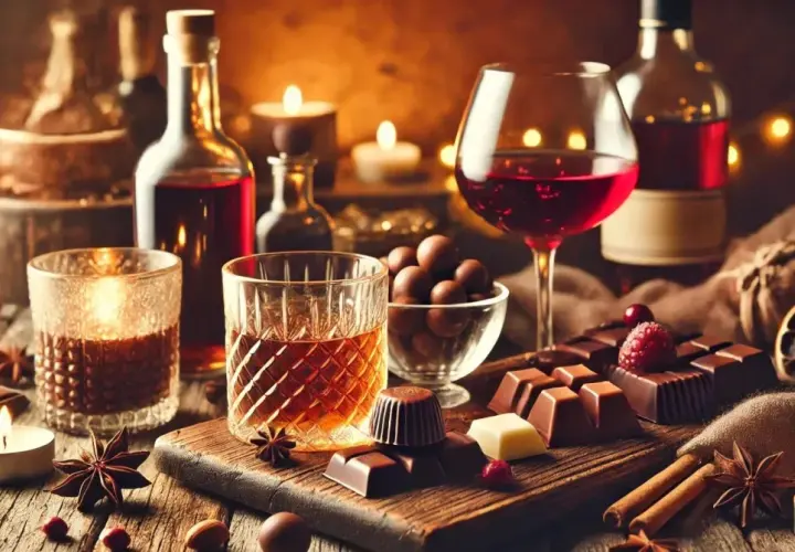 Degustacja whisky z ciemną czekoladą i serami. Na stole świece, owoce i przyprawy.
