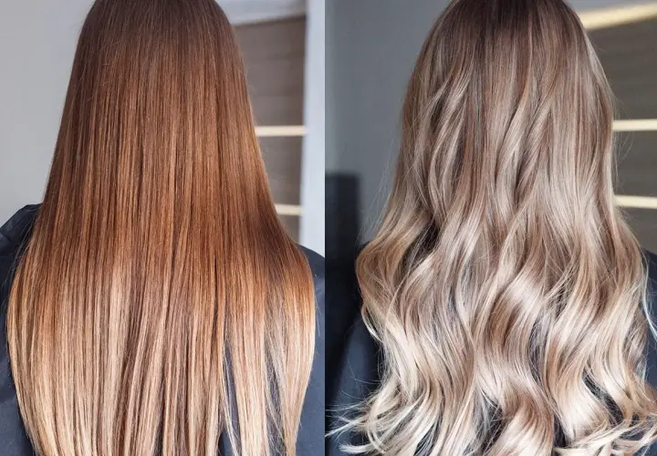 Przed i po: brązowe włosy zyskały subtelne, rozjaśnione końce w stylu ombre blond, dodając im lekkości i blasku.