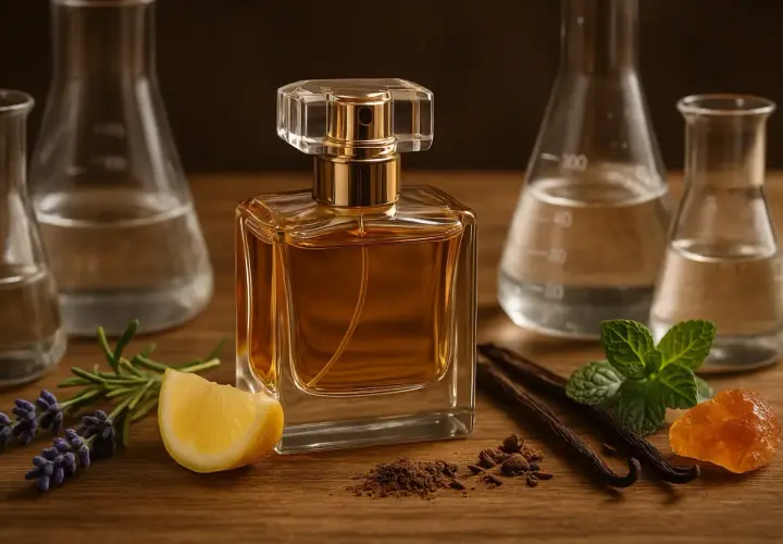 Elegancka butelka perfum otoczona naturalnymi składnikami: lawendą, cytryną, wanilią, miętą i bursztynem.