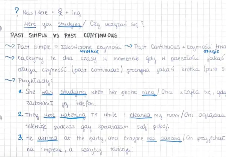 Porównanie past simple i past continuous: czynności zakończone vs. trwające, przerywane krótkimi. Przykład: "She was studying when her phone rang.
