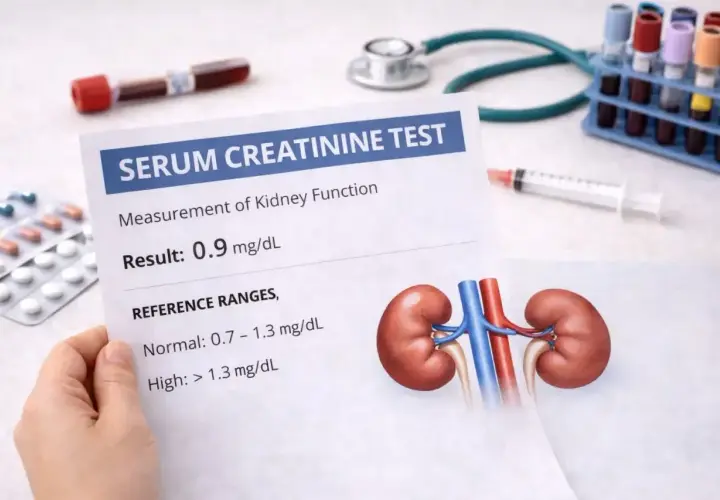 Wynik badania kreatyniny 0.9 mg/dL mieści się w normie, co świadczy o prawidłowej funkcji nerek.
