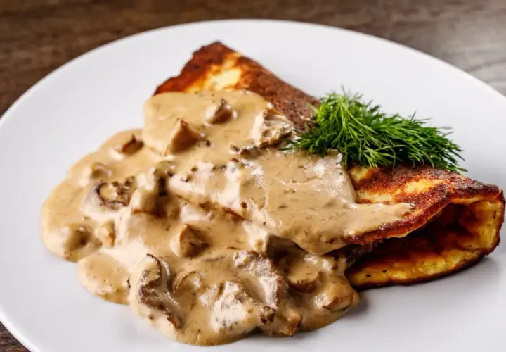 Placki ziemniaczane z polędwiczkami w sosie grzybowym, idealna surówka do polędwiczek w sosie grzybowym to świeży koperek.