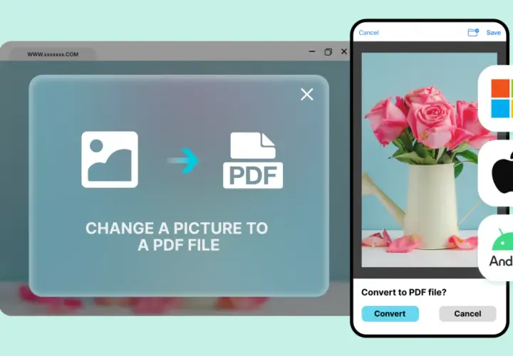 Jak zrobić PDF ze zdjęć? Ilustracja pokazuje proces konwersji obrazu do pliku PDF na ekranie komputera i telefonu.