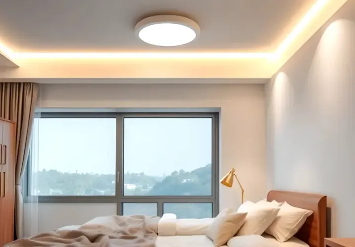 Una lámpara de techo lineal ilumina suavemente la habitación, creando un ambiente acogedor sobre la cama y el armario.