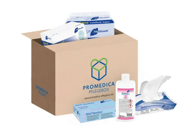 Promedica Pflegebox mit Desinfektionsmittel, Handschuhen und Tüchern. Eine praktische Liste an Pflegehilfsmittel zum Verbrauch.