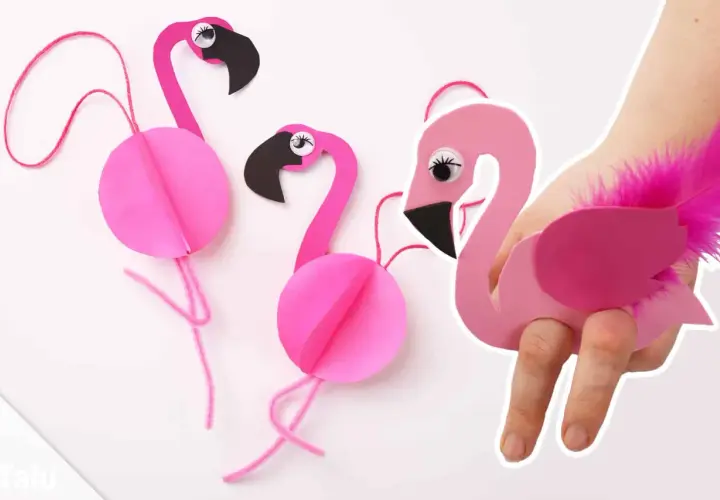 Basteln mit Papier: Süße Flamingos mit Federn und Schnur. Ein Flamingo wird als Ring getragen.