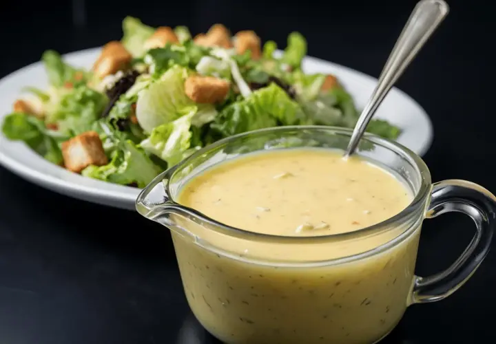 Cremosa salsa césar en una jarra de vidrio, lista para aderezar una ensalada fresca con lechuga y crutones.