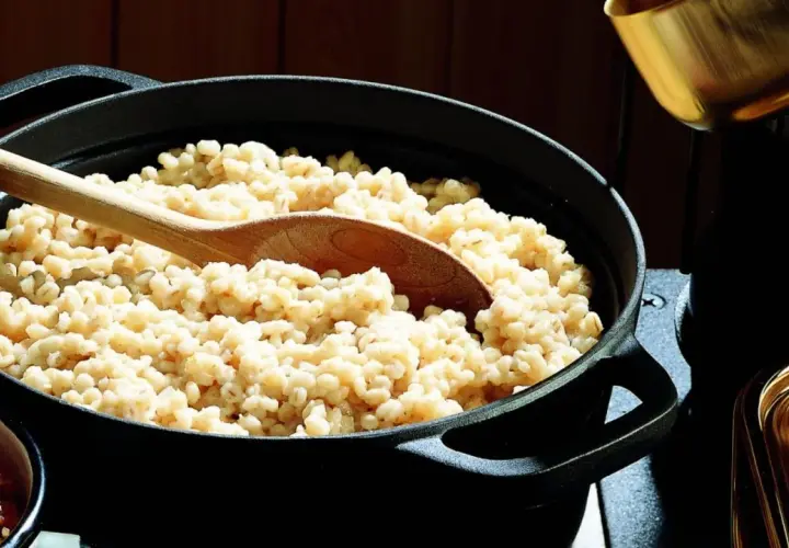 Un mestolo di legno affonda in una pentola piena di fumante orzo perlato, pronto per essere servito.