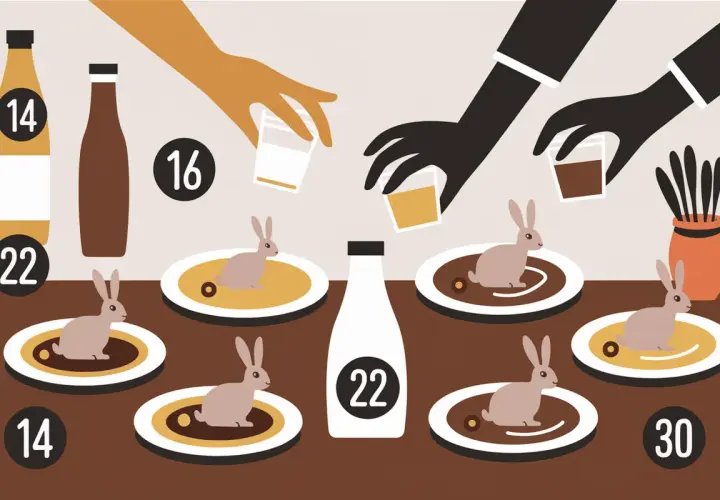Des lapins sur des assiettes, des bouteilles et des mains versant des liquides. Quel vin avec du lapin ? Les chiffres suggèrent des choix.