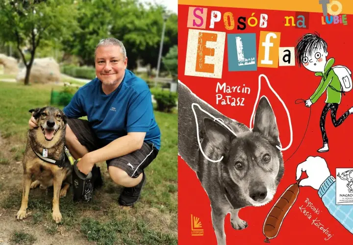 Mężczyzna z psem na spacerze obok okładki książki "Sposób na elfa".